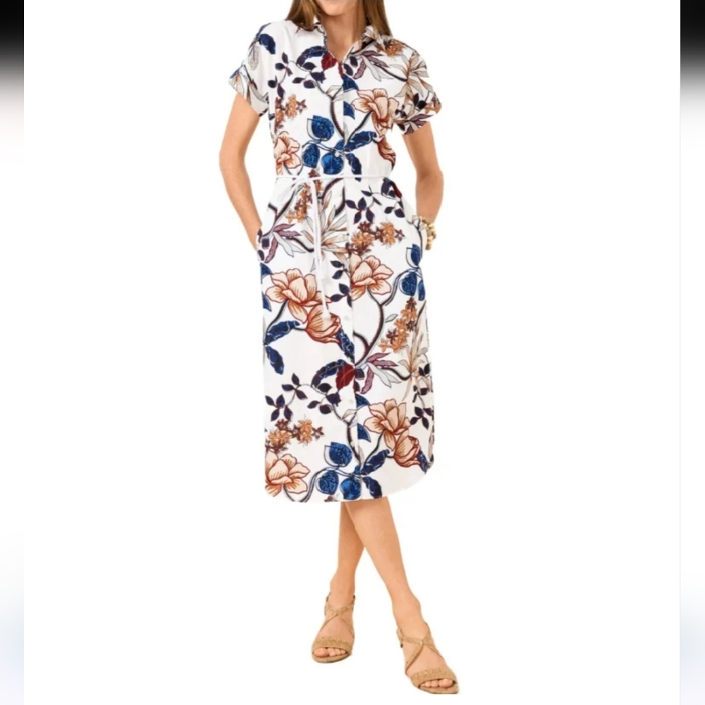 Talbots Petite Modern Poplin Midi Shirtdress Verdant Botanical Belted Pockets